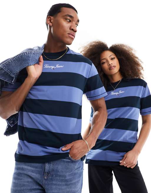 Tommy Jeans - Unisex gestreept T-shirt met normale pasvorm in donkerblauw multi