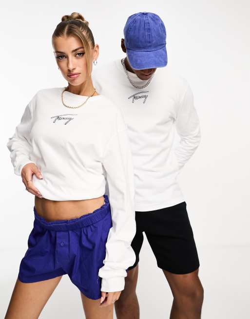 Tommy Jeans – Unisex – Langärmliges Baumwolloberteil in Weiß mit klassischem Schnitt und mittigem Signatur-Logo