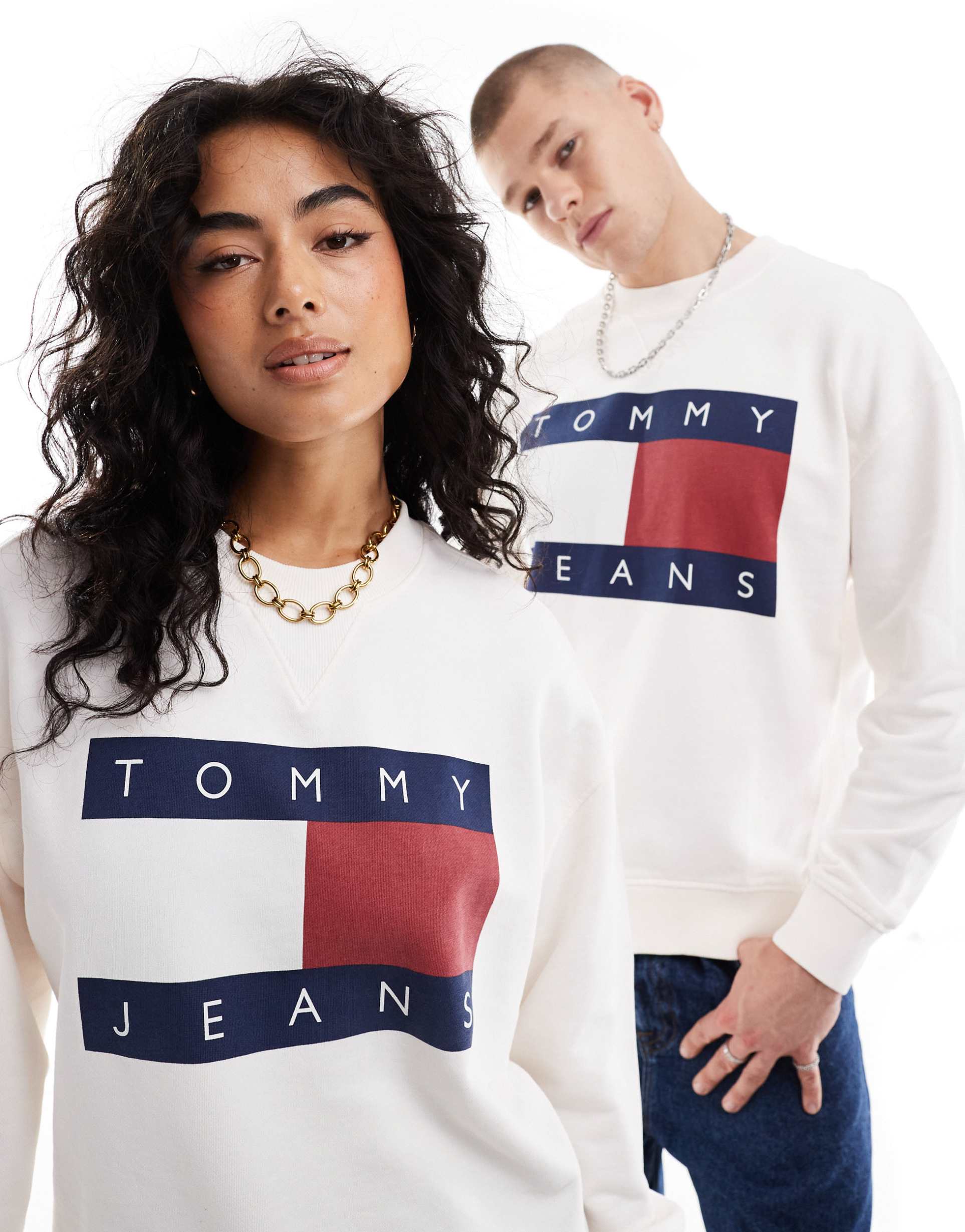tommy jeans unisex large flag sweatshirt in off white