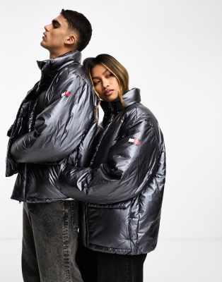 Tommy Jeans unisex metallic puffer jacket in gunmetal