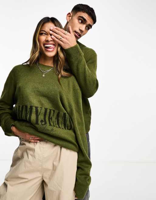 Tommy Jeans unisex relaxed tonal NY logo jumper in olive green