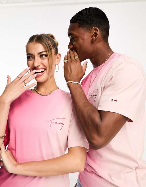 Tommy Jeans Unisex signature logo ombre t-shirt in pink | ASOS