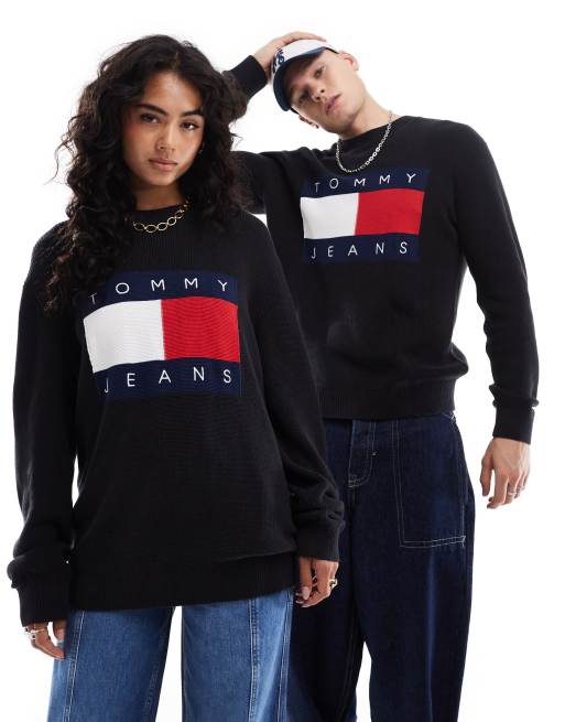 Tommy Jeans Unisex Strickpullover in Schwarz mit groBem Flag Logo