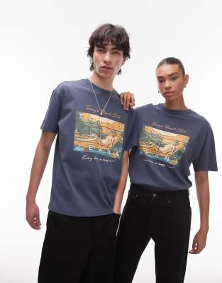 Tommy Jeans - Unisex - T-Shirt in Marineblau mit Beach-Club-Grafik