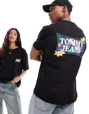 Tommy Jeans - Unisex-T-Shirt in Schwarz mit normalem Schnitt und Flower-Power-Print