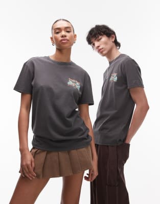 Tommy Jeans - Unisex - T-Shirt in Schwarz mit tropischem Rückenprint