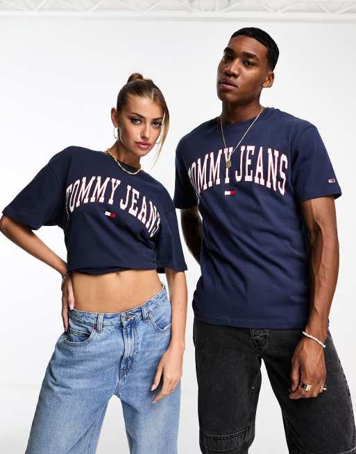 Tommy Jeans - Unisex - T-shirt met klassieke pasvorm en logo in collegestijl in marineblauw