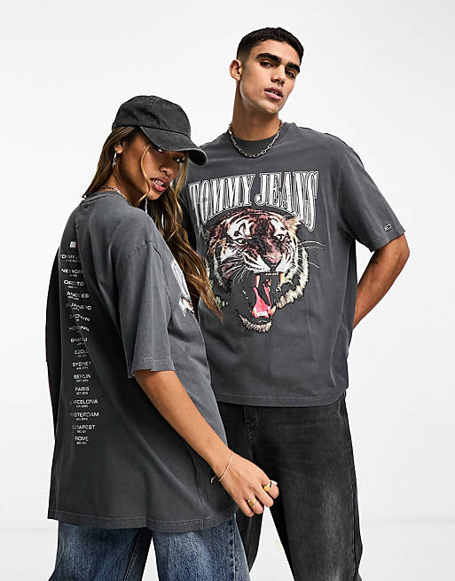Tommy Jeans unisex vintage tiger logo t-shirt in charcoal