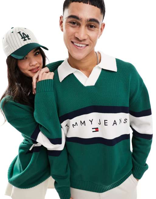 Tommy Jeans Unisex – Zielona dzianinowa koszulka w stylu rugby o luźnym kroju z ozdobnym dekoltem