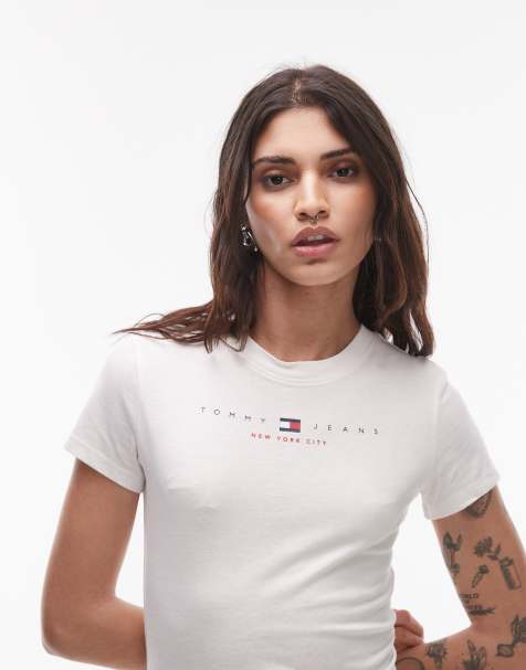 Tommy Jeans – USA – T-Shirt in Wollweiß mit linearem Logo - view 1