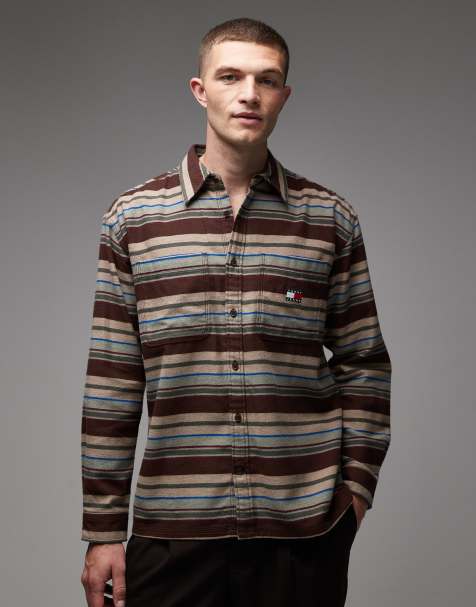 Tommy Jeans utility flannel overshirt in brown stripes - view 1