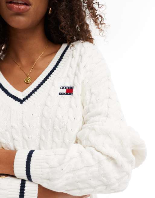 Tommy Jeans v neck cable knit jumper in white and navy tipping ASOS