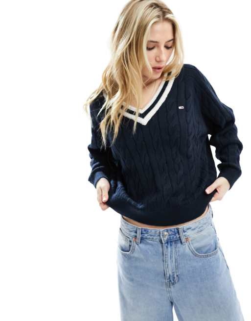 Tommy Jeans v-neck cable sweater in navy | ASOS