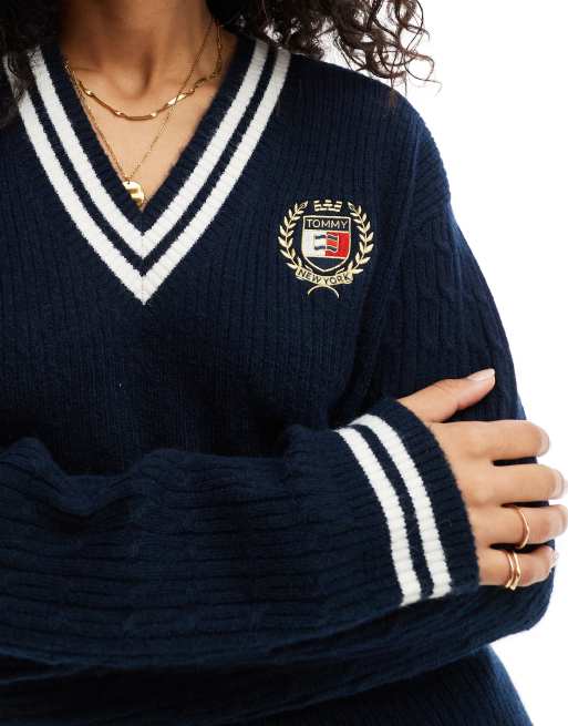 Tommy Jeans v neck crest jumper dress in navy ASOS