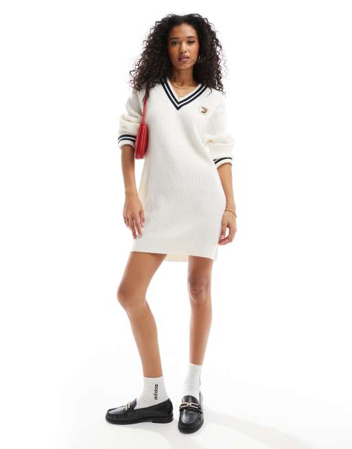 Tommy Jeans v neck crest jumper dress in white ASOS