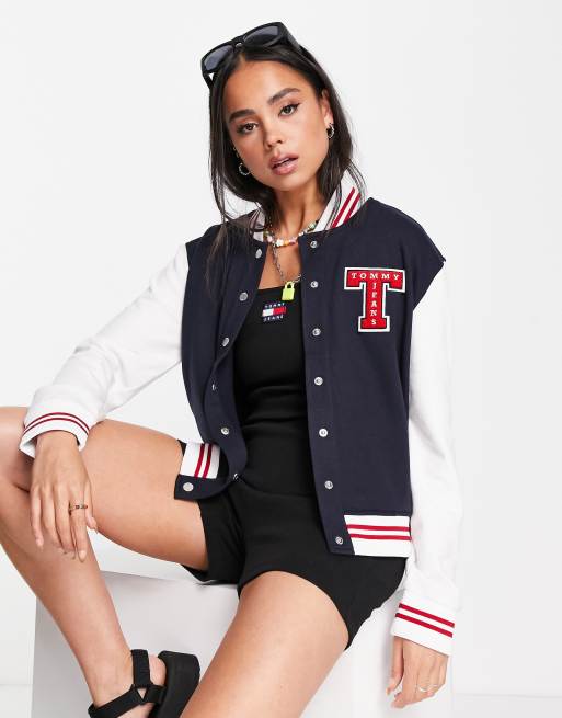 ASOS DESIGN oversized varsity jacket in red with badging and contrast  sleeves