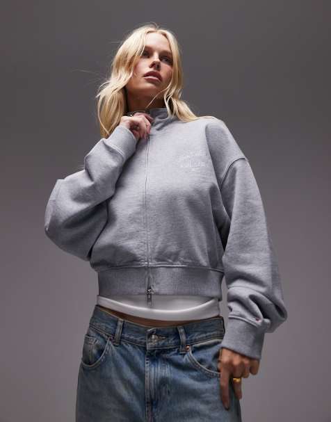 Tommy Jeans Varsity cropped boxy zip-thru hoody in light grey - view 1