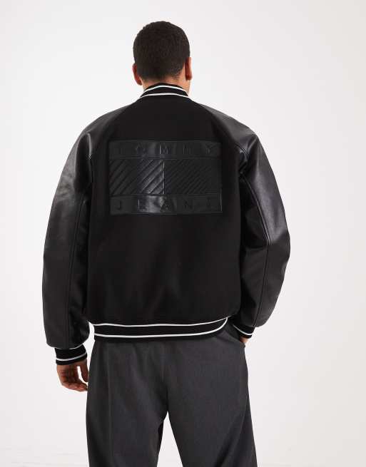 Tommy Jeans - Varsity jack met logo en leren mouwen in zwart , 3 van 5