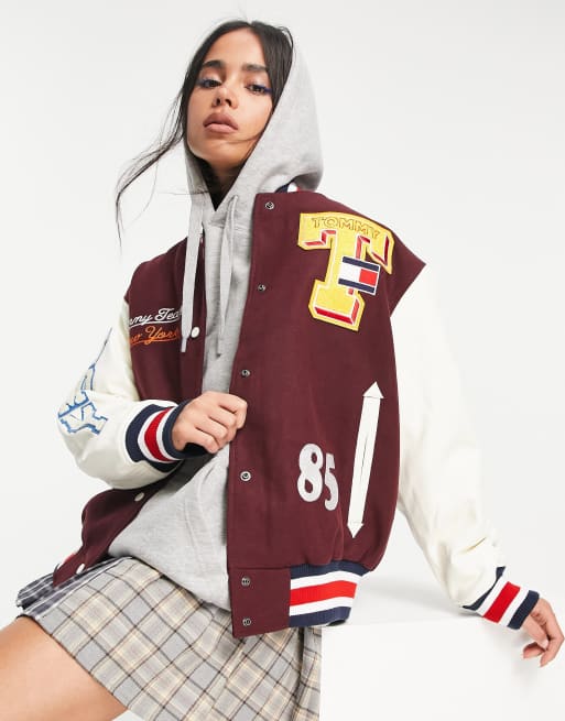 Tommy Jeans varsity jacket with badging in burgundy ASOS