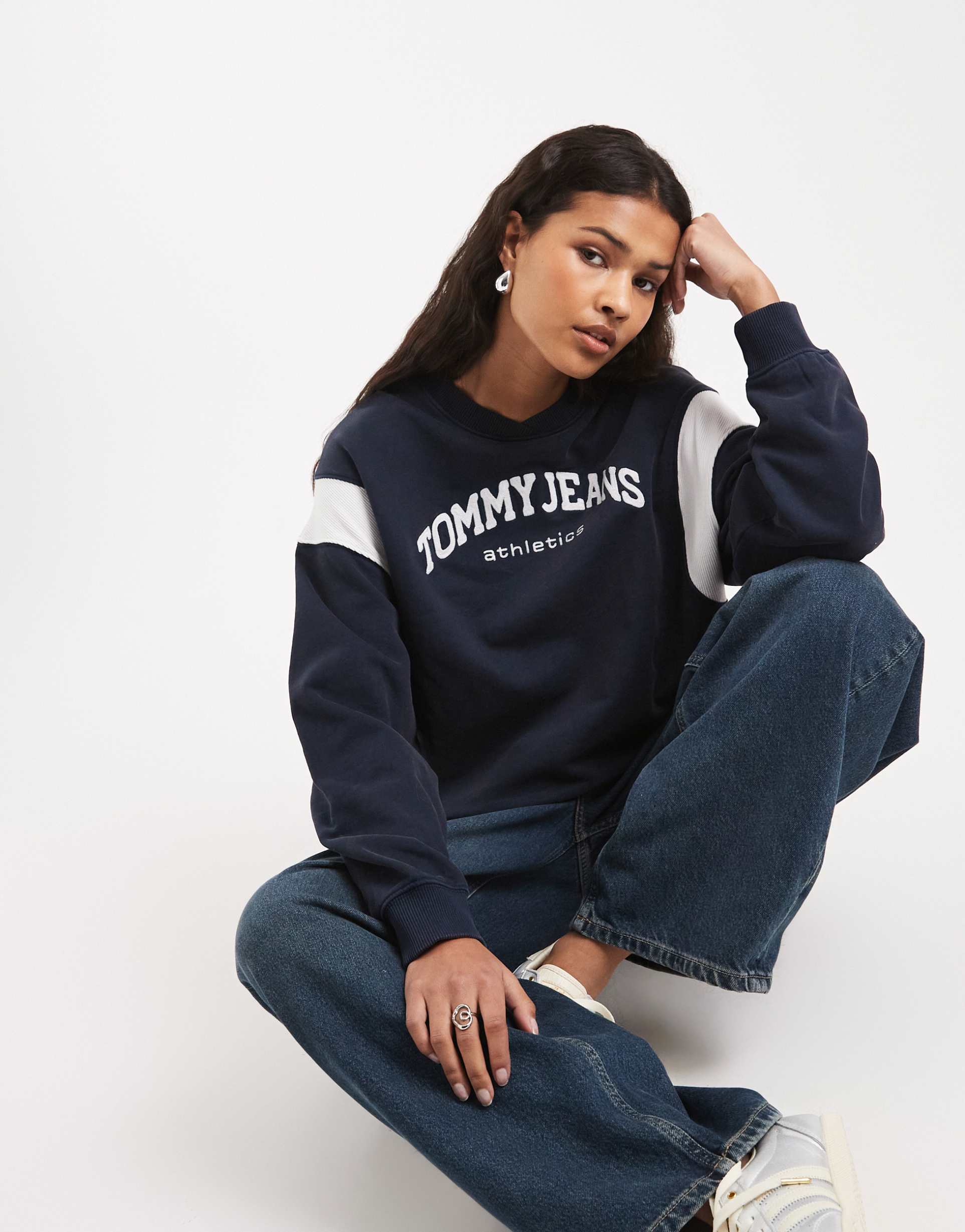 tommy jeans varsity logo boxy fit crew neck sweatshirt in navy
