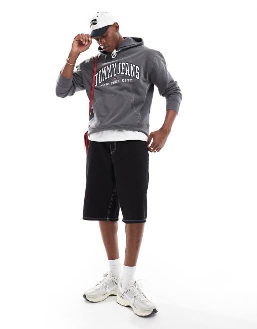 Tommy Jeans varsity logo hoodie in washed black ASOS - Main Image