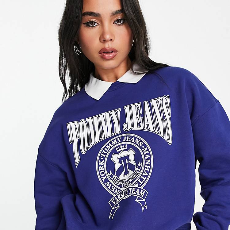 Tommy Jeans varsity logo polo top in blue | ASOS