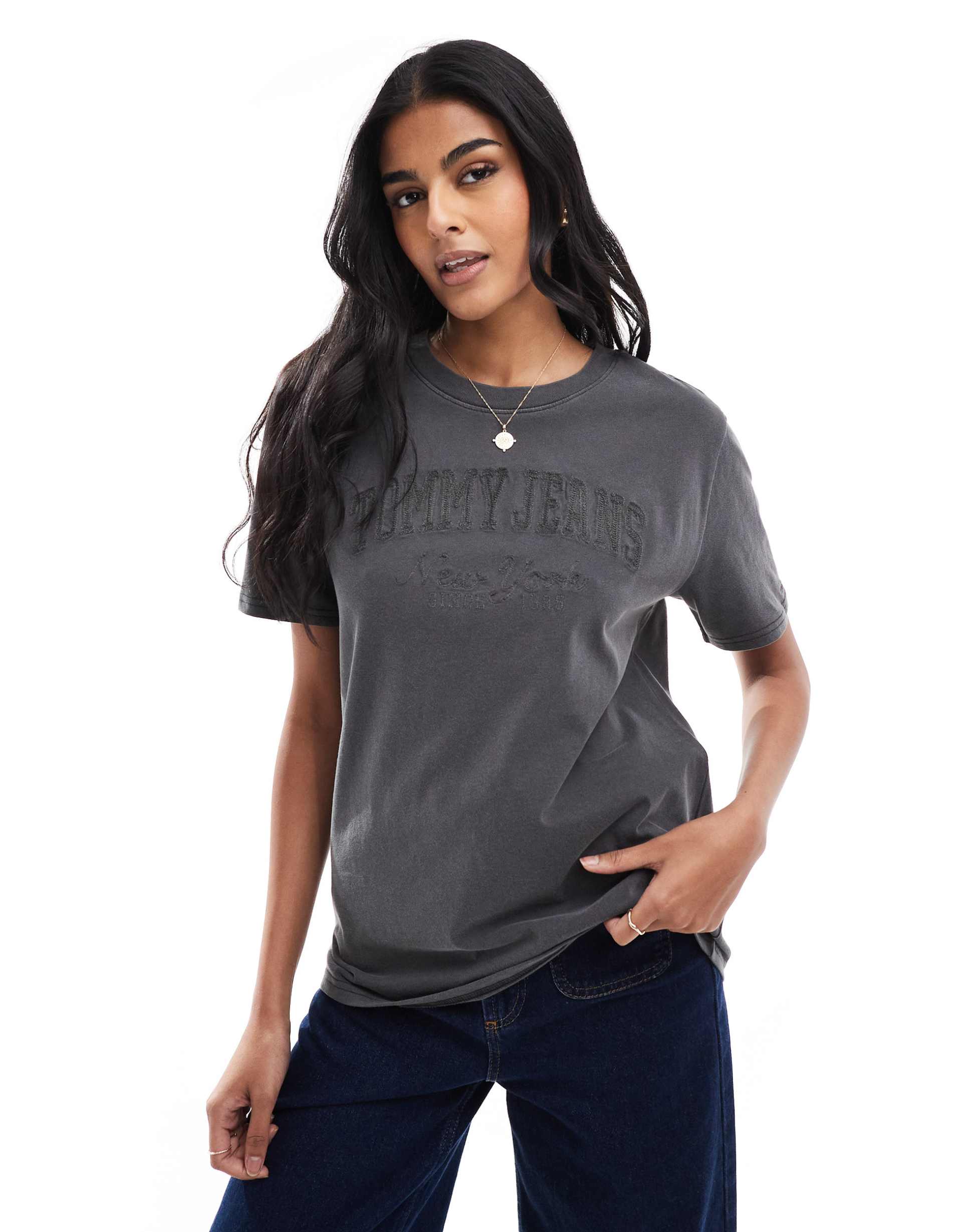 tommy jeans varsity logo t-shirt in washed black