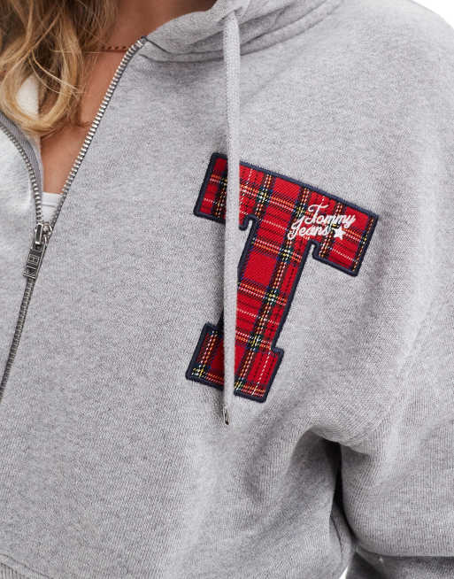 Tommy Jeans varsity patch logo zip through hoodie in grey ASOS
