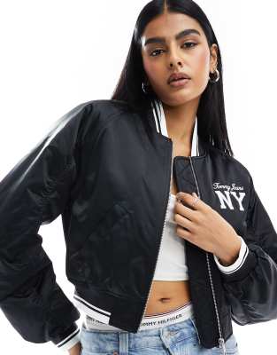 Tommy Jeans Varsity Satin Padded Bomber Jacket in Black