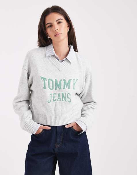 Tommy Jeans varsity v-neck jumper in grey and green - view 1