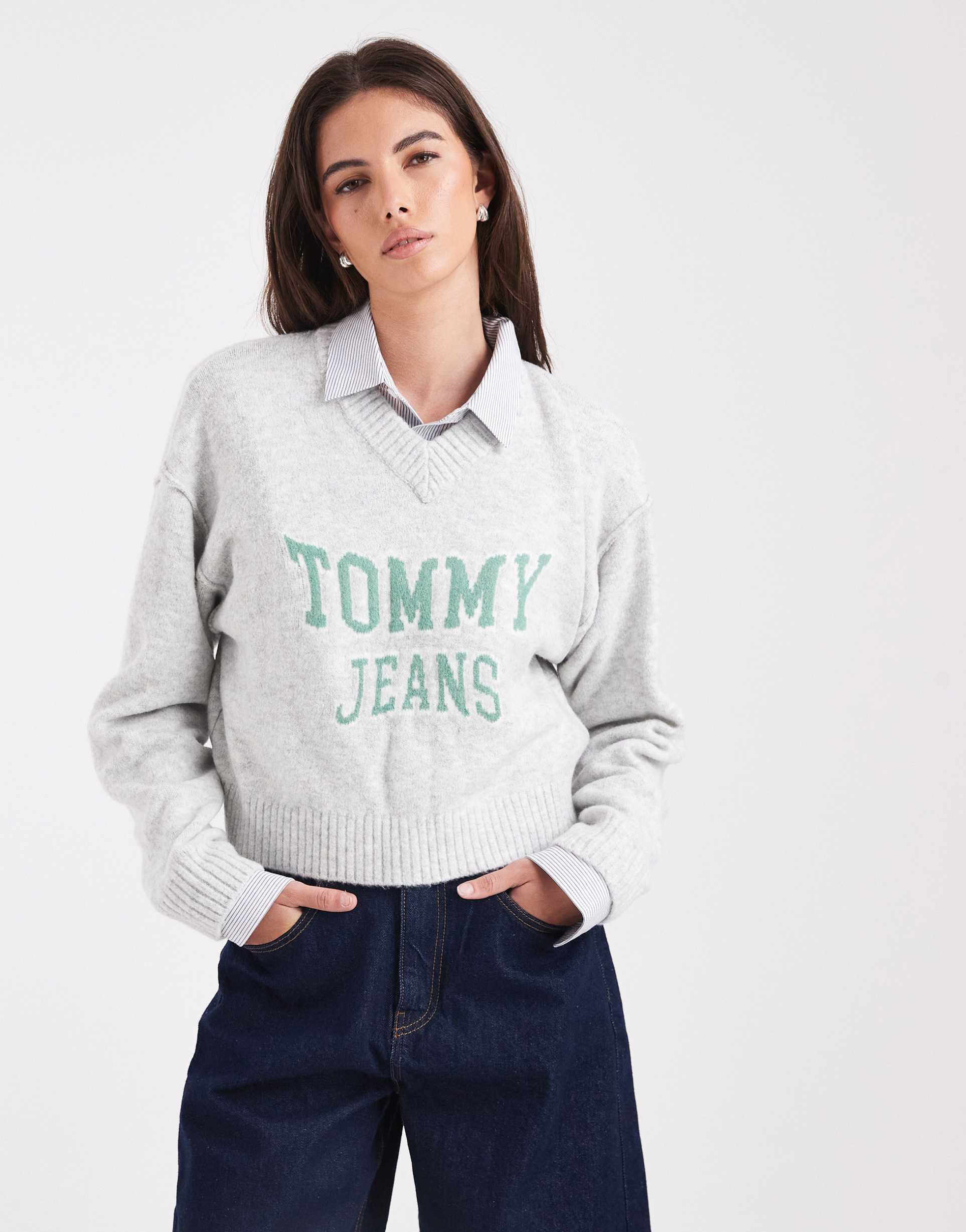 tommy jeans varsity v neck sweater in gray and green