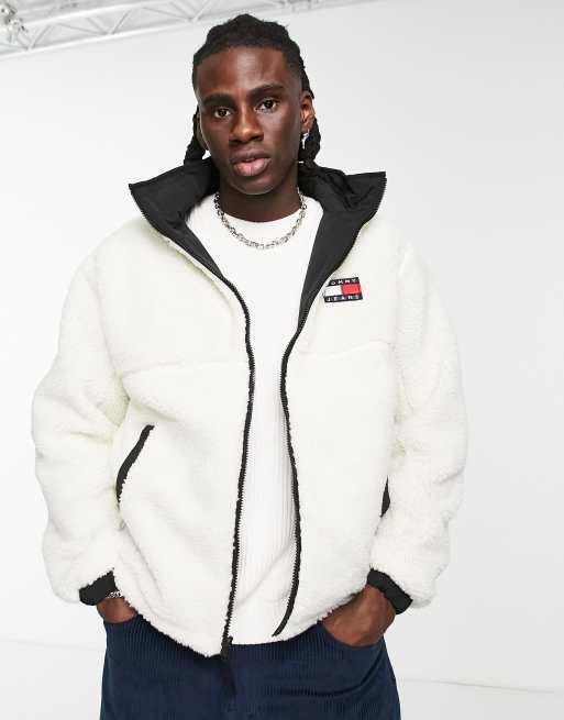 Tommy Jeans - Vendbar bomberjakke med logo i sort imiteret lammeskind