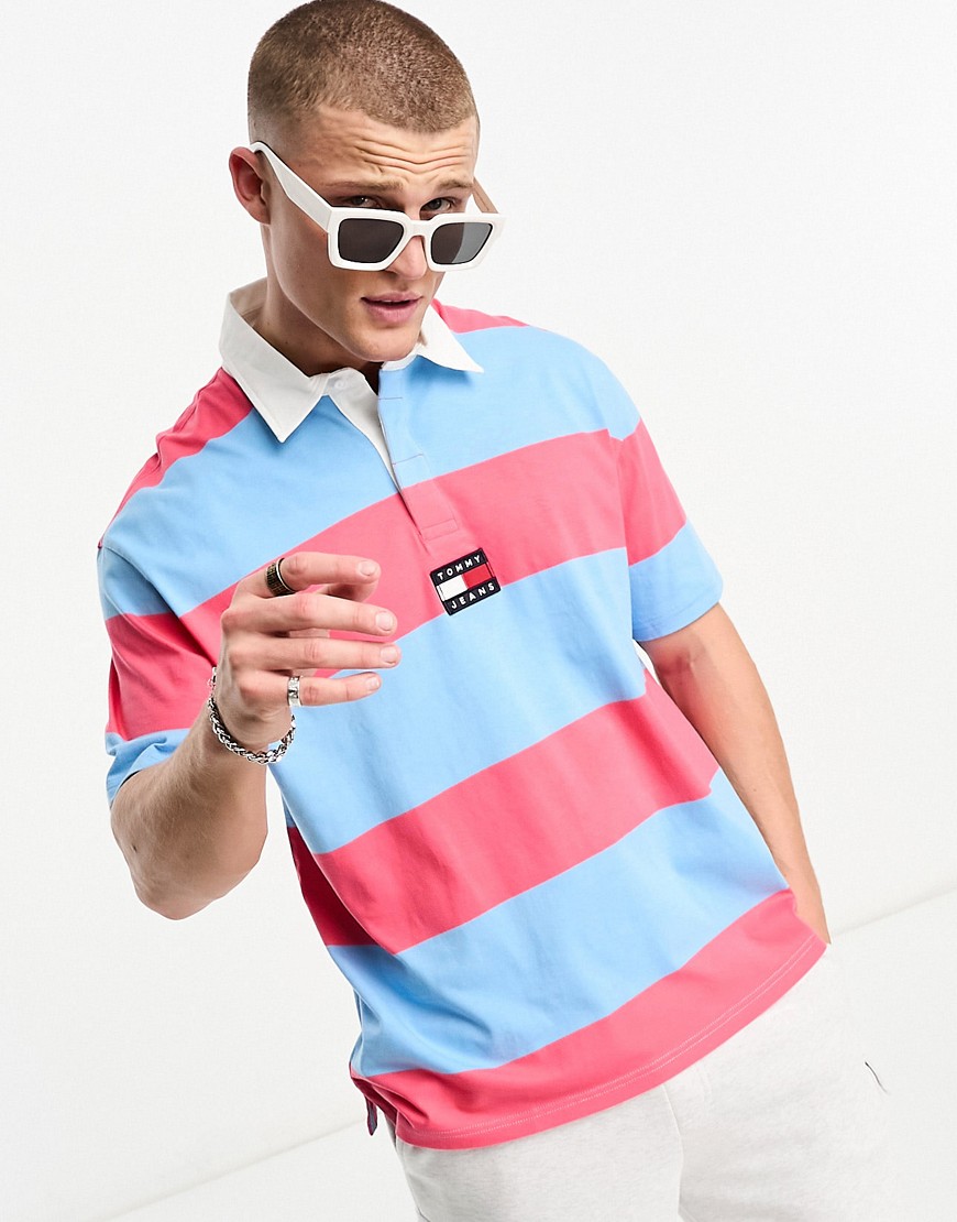 Tommy Jeans vertical block stripe polo shirt in pink