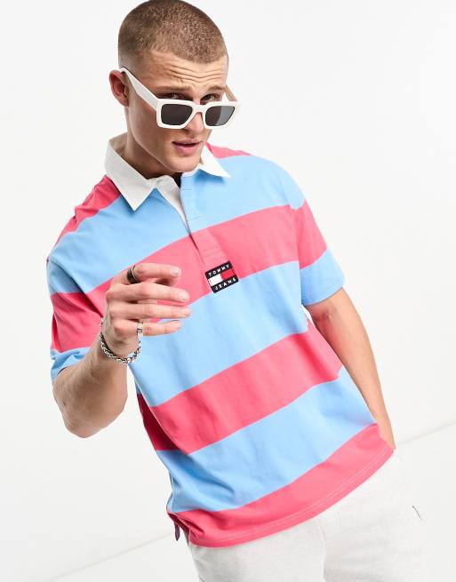 Pink and blue striped polo clearance shirt