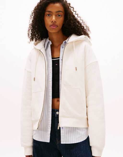 Tommy Jeans – Verwaschene Boxy-Fit-Kapuzenjacke in Beige mit Reißverschluss und Rückenlogo