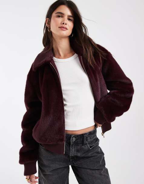 Tommy Jeans veste à logo drapeau en faux-fur bordeaux - view 1