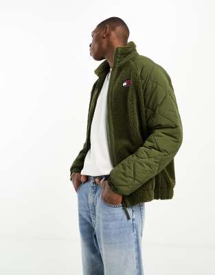 Tommy Jeans - Veste en imitation peau de mouton et matériaux variés - Vert olive