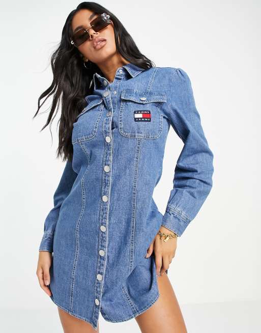 Tommy Jeans - Vestito camicia in chambray blu indaco medio con logo e bottoni, 3 di 4