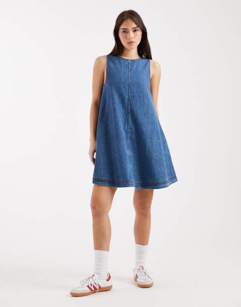 Tommy Jeans - Vestito corto svasato in chambray lavaggio blu medio - view 1