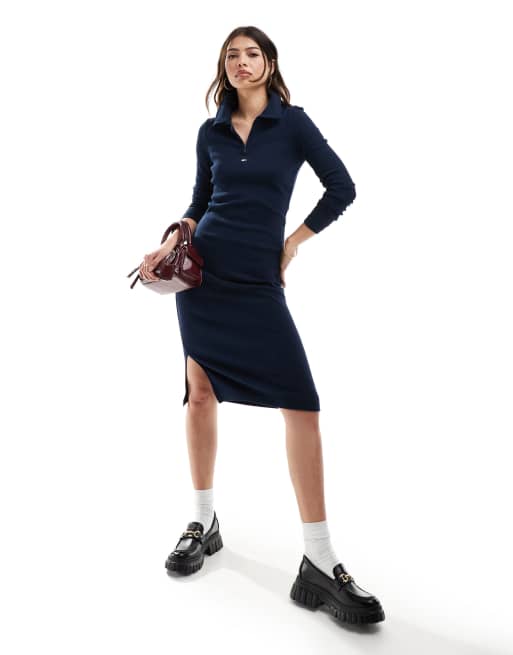 Tommy Jeans - Vestito stile polo blu navy a coste con zip corta