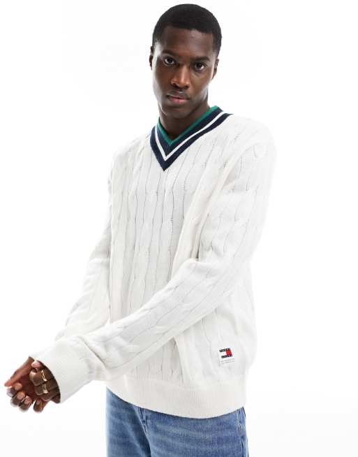 Tommy Jeans – Vit kabelstickad tröja i regular fit med v-ringning, 3 av 4