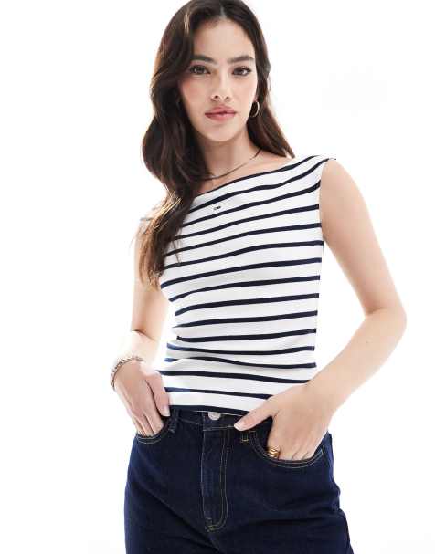 Tommy Jeans – Vit, marinblårandig topp med off shoulder - view 1