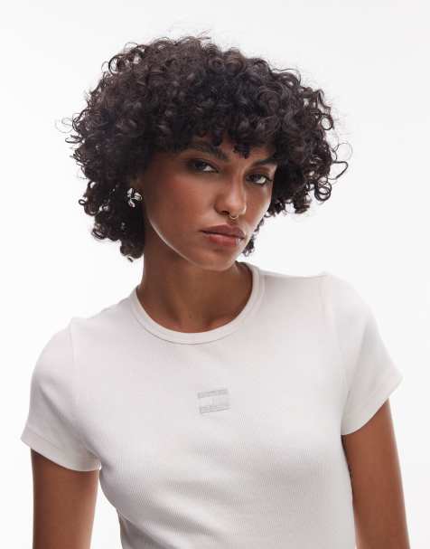 Tommy Jeans – Vit, ribbad t-shirt med centrerat märke och smal passform - view 1