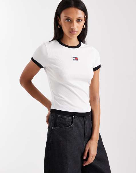 Tommy Jeans – Vit, ribbad t-shirt med smal passform och kantrand - view 1