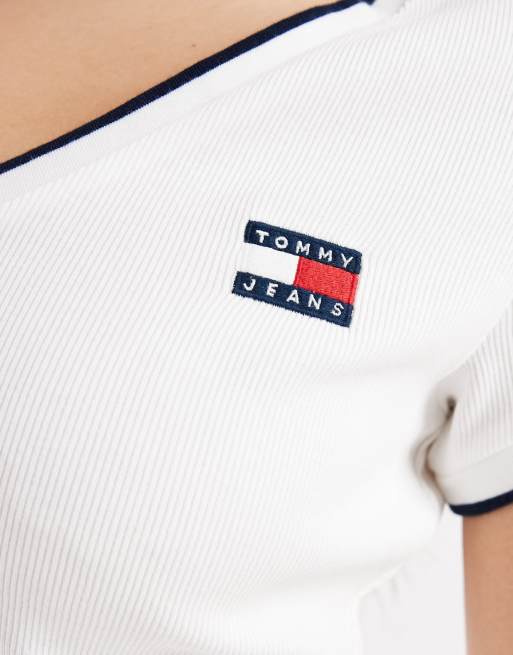 Tommy Jeans – Vit, smal t-shirt med v-ringning och logga, 3 av 4