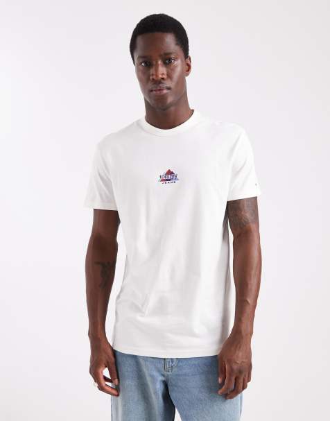 Tommy Jeans – Vit t-shirt med centrerad logga och bergstryck - view 1