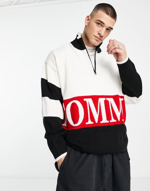 Tommy Jeans – Vit tröja i oversize med halv dragkedja, färgblock och logga