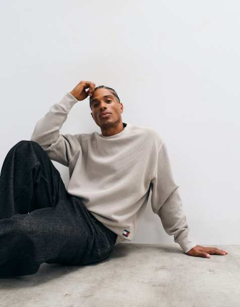 Tommy Jeans waffle relaxed fit crew neck sweatshirt in stone - view 1