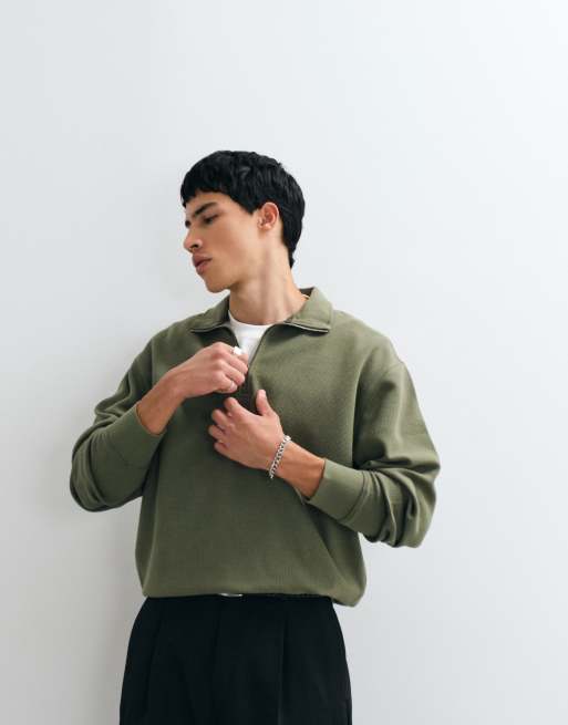 Tommy Jeans waffle relaxed fit quarter-zip sweatshirt in khaki, 3 of 5