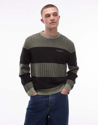 Tommy Jeans Tommy Jeans waffle texture jumper in sage and black stripe